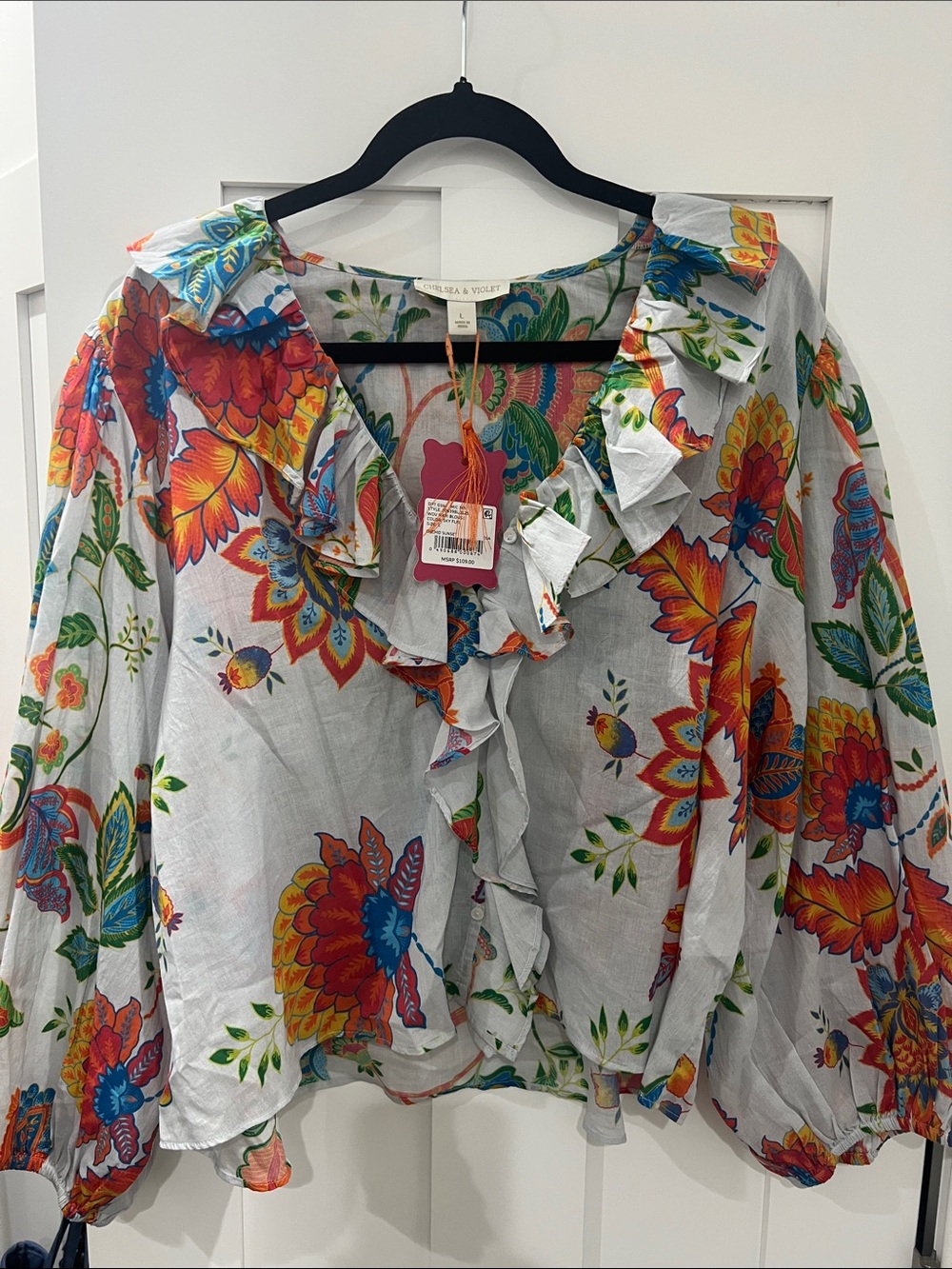 Chelsea & Violet White Floral Ruffle Blouse with Bright Multicolor Print